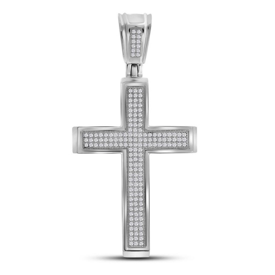 10kt White Gold Mens Round Diamond Roman Cross Charm Pendant 1/2 Cttw