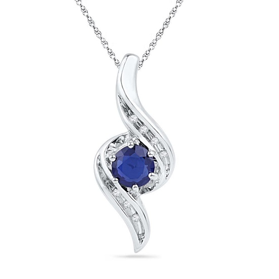 Sterling Silver Womens Round Lab-Created Blue Sapphire Solitaire Ribbon Pendant 3/4 Cttw