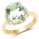 14K Yellow Gold Plated 4.38 Carat Genuine Green Amethyst and White Topaz .925 Sterling Silver Ring