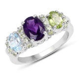 2.47 Carat Genuine Amethyst, Blue Topaz and Peridot .925 Sterling Silver Ring