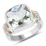Two Tone Plated 6.42 Carat Genuine Green Amethyst and White Topaz .925 Sterling Silver Ring