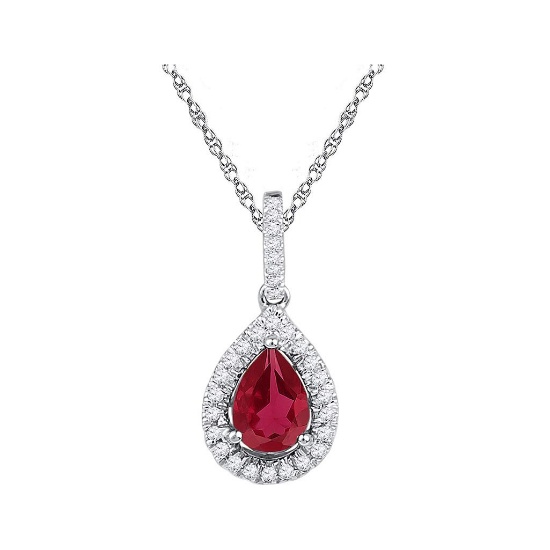 10kt White Gold Womens Pear Lab-Created Ruby Solitaire Diamond Frame Pendant 1-7/8 Cttw