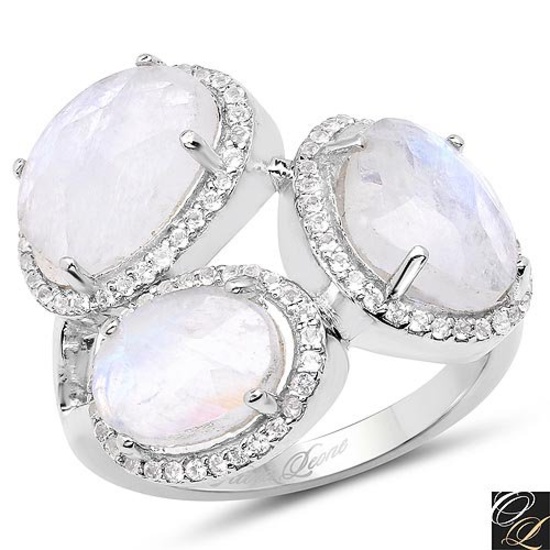 6.71 Carat Genuine White Rainbow Moonstone And White Topaz .925 Sterling Silver Ring