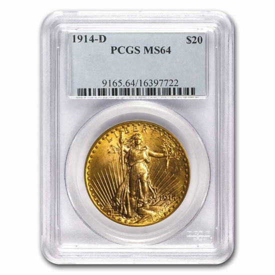 1914-D $20 Saint-Gaudens Gold Double Eagle MS-64 PCGS