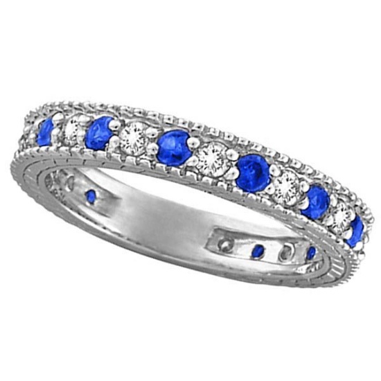 Diamond and Blue Sapphire Anniversary Ring Band in 14k White Gold (1.08 ctw)