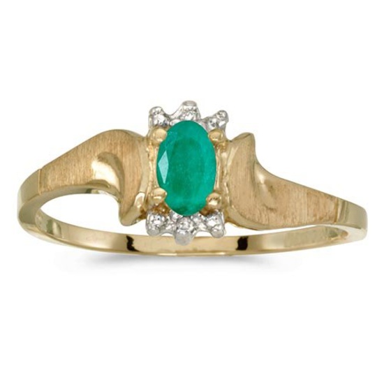 Certified 14k Yellow Gold Oval Emerald And Diamond Satin Finish Ring 0.17 CTW