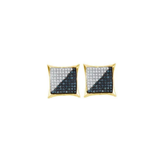 Yellow-tone Sterling Silver Womens Round Blue Colored Diamond Square Cluster Earrings 1/4 Cttw