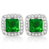 3 CARAT CREATED EMERALD & 4 CARAT (40 PCS) FLAWLESS CREATED DIAMOND 925 STERLING SILVER EARRINGS