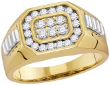 14kt Yellow Two-tone Gold Mens Round Diamond Octagon Frame Cluster Ribbed Ring 1/2 Cttw