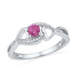 10kt White Gold Womens Round Lab-Created Pink Sapphire Diamond Heart Ring 1/20 Cttw