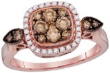 14kt Rose Gold Womens Round Cognac-brown Colored Diamond Square Cluster Bridal Wedding Engagement Ri