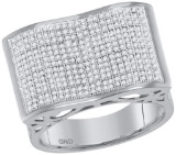 10kt White Gold Mens Round Pave-set Diamond Rectangle Concave Cluster Ring 3/4 Cttw