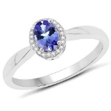 0.48 Carat Genuine Tanzanite and White Diamond 14K White Gold Ring