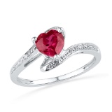 10kt White Gold Womens Heart Lab-Created Ruby Diamond-accent Bypass Ring .01 Cttw