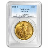 1908-D $20 Saint-Gaudens Gold No Motto MS-64 PCGS