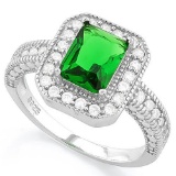 1 4/5 CARAT CREATED EMERALD & 1/3 CARAT (34 PCS) FLAWLESS CREATED DIAMOND 925 STERLING SILVER HALO R