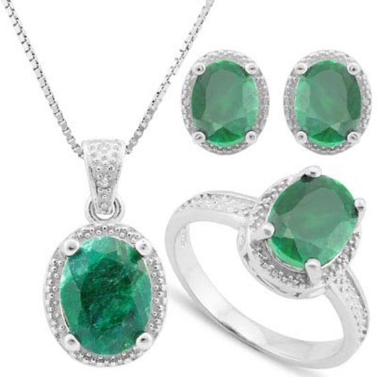 9.329 CARAT TW DYED EMERALD & GENUINE DIAMOND PLATINUM OVER 0.925 STERLING SILVER SET