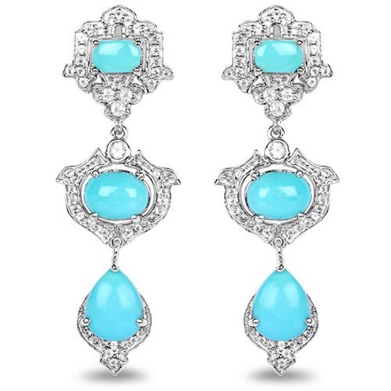 6.68 Carat Genuine Turquoise and White Topaz .925 Sterling Silver Earrings