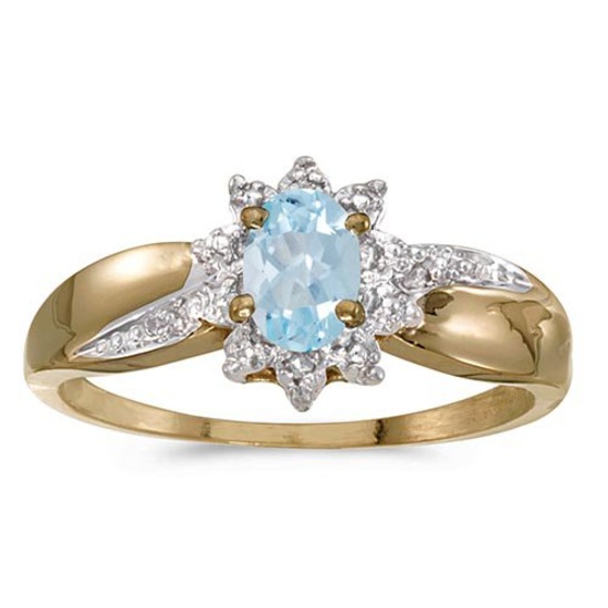 Certified 10k Yellow Gold Oval Aquamarine And Diamond Ring 0.3 CTW