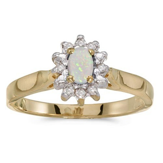 Certified 10k Yellow Gold Oval Opal And Diamond Ring 0.08 CTW