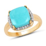 14K Yellow Gold Plated 3.38 Carat Genuine Turquoise and White Topaz .925 Sterling Silver Ring