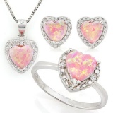 2 2/5 CARAT CREATED PINK FIRE OPAL & DIAMONDS 925 STERLING SILVER SET