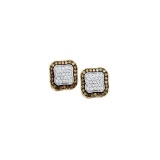 10kt Yellow Gold Womens Round Cognac-brown Colored Diamond Square Frame Cluster Earrings 1.00 Cttw
