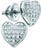 10kt White Gold Womens Round Diamond Heart Cluster Stud Earrings 1/20 Cttw