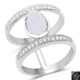 2.62 Carat Genuine White Rainbow Moonstone And White Topaz .925 Sterling Silver Ring