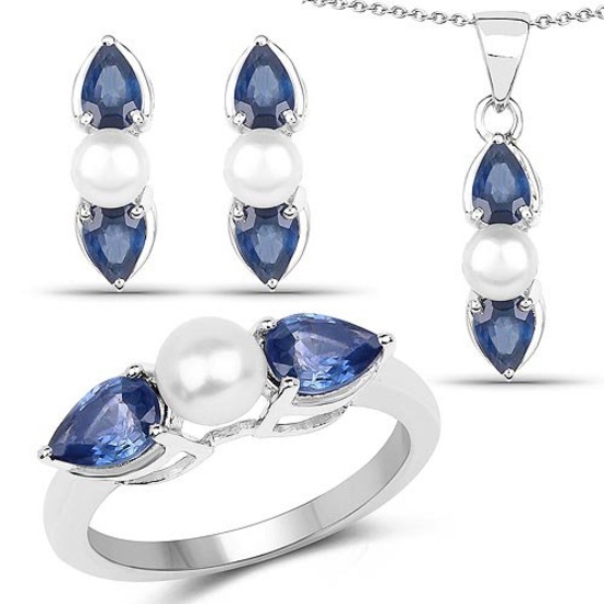 7.36 Carat Genuine Blue Sapphire and Pearl .925 Sterling Silver Ring, Pendant and Earrings Set