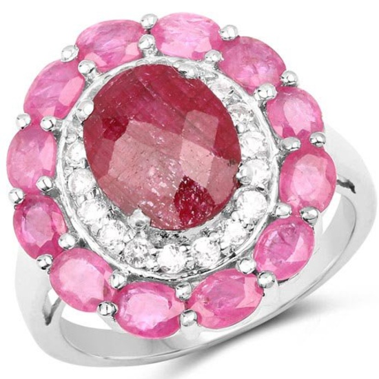 6.01 Carat Dyed Ruby, Ruby and White Topaz .925 Sterling Silver Ring