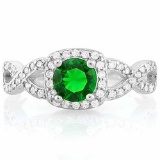 1 CARAT CREATED EMERALD & 1/2 CARAT (48 PCS) FLAWLESS CREATED DIAMOND 925 STERLING SILVER HALO RING