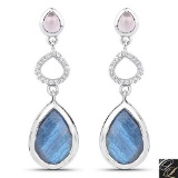 9.57 Carat Genuine Rose Quartz, Labradorite And White Topaz .925 Sterling Silver Earrings