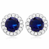 2 CARAT CREATED BLUE SAPPHIRE & 1/3 CARAT (32 PCS) FLAWLESS CREATED DIAMOND 925 STERLING SILVER EARR