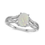 Oval Opal and Diamond Cocktail Ring 14K White Gold (0.70ct)