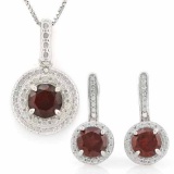 3 CARAT GARNETS & GENUINE DIAMONDS 925 STERLING SILVER LEVER BACK JEWELRY SET