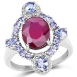 4.14 Carat Glass Filled Ruby and Tanzanite .925 Sterling Silver Ring