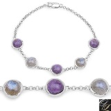 11.00 Carat Genuine Charolite And Labradorite .925 Sterling Silver Bracelet