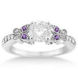 Butterfly Diamond and Amethyst Engagement Ring Setting 14k White Gold (0.80ct)