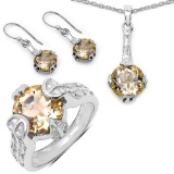 11.40 Carat Genuine Citrine .925 Sterling Silver Ring, Pendant and Earrings Set