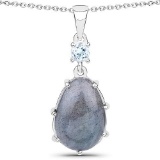 4.35 Carat Genuine Labradorite and Blue Topaz .925 Sterling Silver Pendant