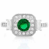 3/5 CARAT CREATED EMERALD & 1/4 CARAT (24 PCS) FLAWLESS CREATED DIAMOND 925 STERLING SILVER HALO RIN