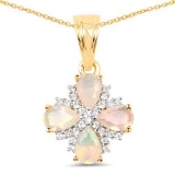 14K Yellow Gold Plated 1.18 Carat Genuine Ethiopian Opal and White Topaz .925 Sterling Silver Pendan