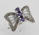 Beautiful Butterfly Design Amethyst and Marcasite Ring Sterling Silver