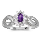 Certified 10k White Gold Marquise Amethyst And Diamond Ring 0.21 CTW