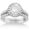 Diamond Bridal Halo Engagement Ring and Wedding Band 14K White Gold (1.30ct)
