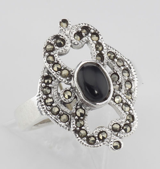Antique Style Black Onyx and Marcasite Ring - Sterling Silver