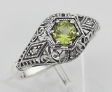 Art Deco Style Peridot Filigree Ring w/ 4 Diamonds - Sterling Silver