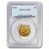 1874 $3 Gold Princess AU-50 PCGS