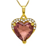 CREATED PINK TOPAZ & FLAWLESS CREATED DIAMOND 18K GOLD PLATED GERMAN SILVER PENDANT